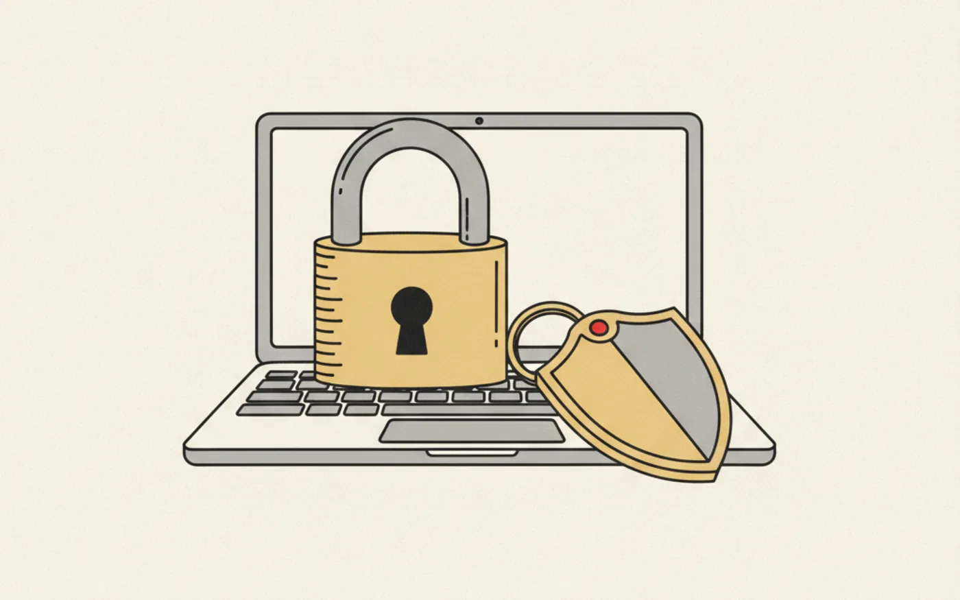 Illustration: a heavy brass padlock resting on a laptop keyboard with a shield-shaped keyring beside it.