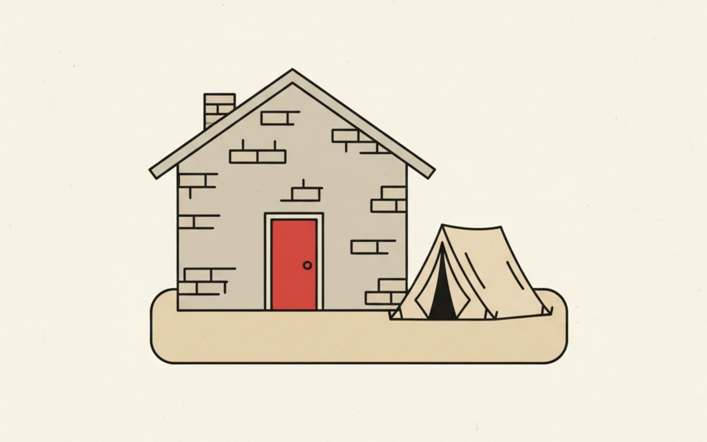 Illustration: a brick house with a red front door beside a small canvas tent on a patch of grass.