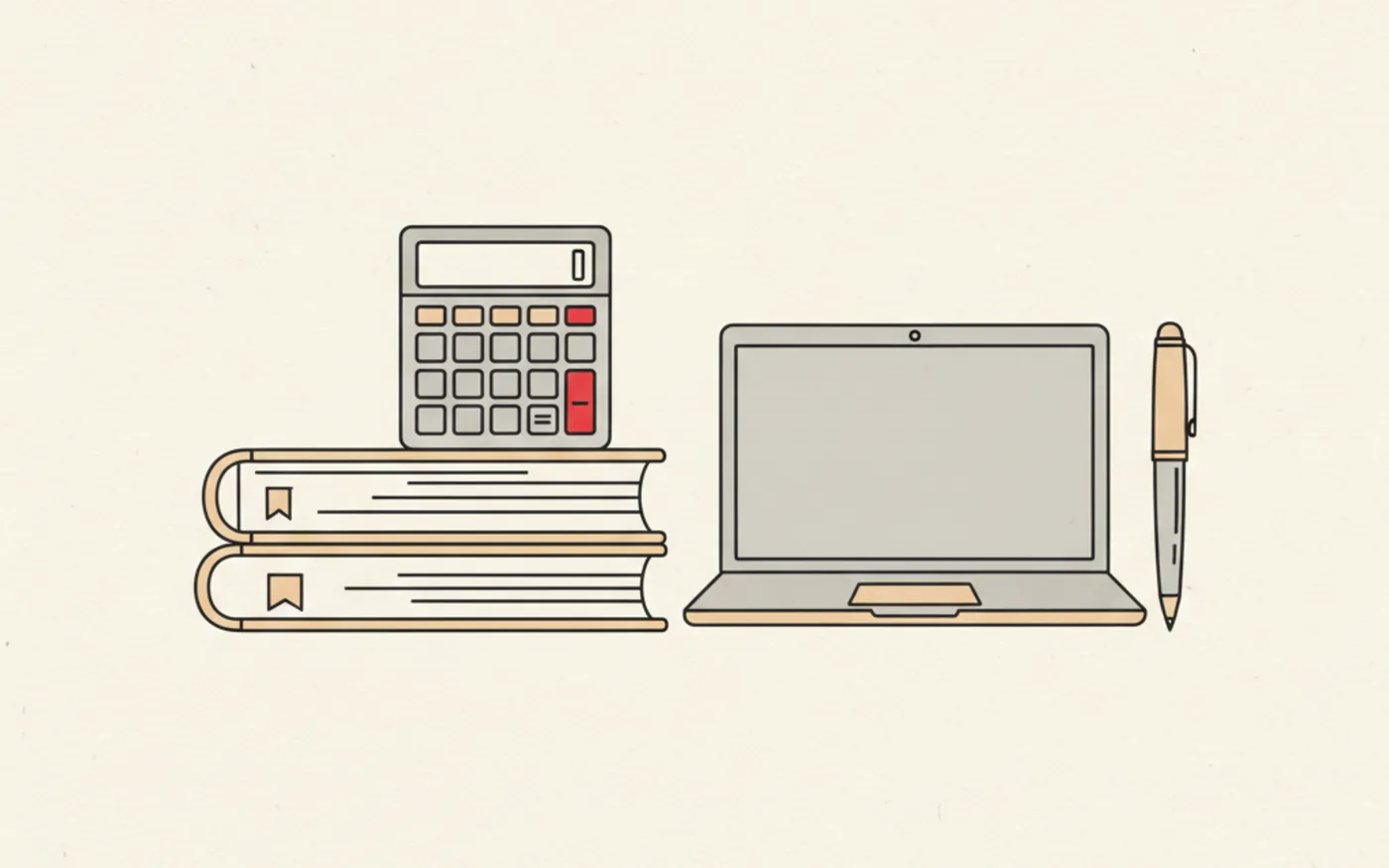 Illustration: a desk calculator resting on a stack of ledger books beside a laptop and a fountain pen.