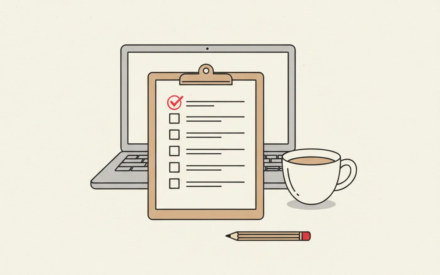Illustration: a clipboard with a ticked checklist resting against a laptop, with a pencil and a mug of tea.