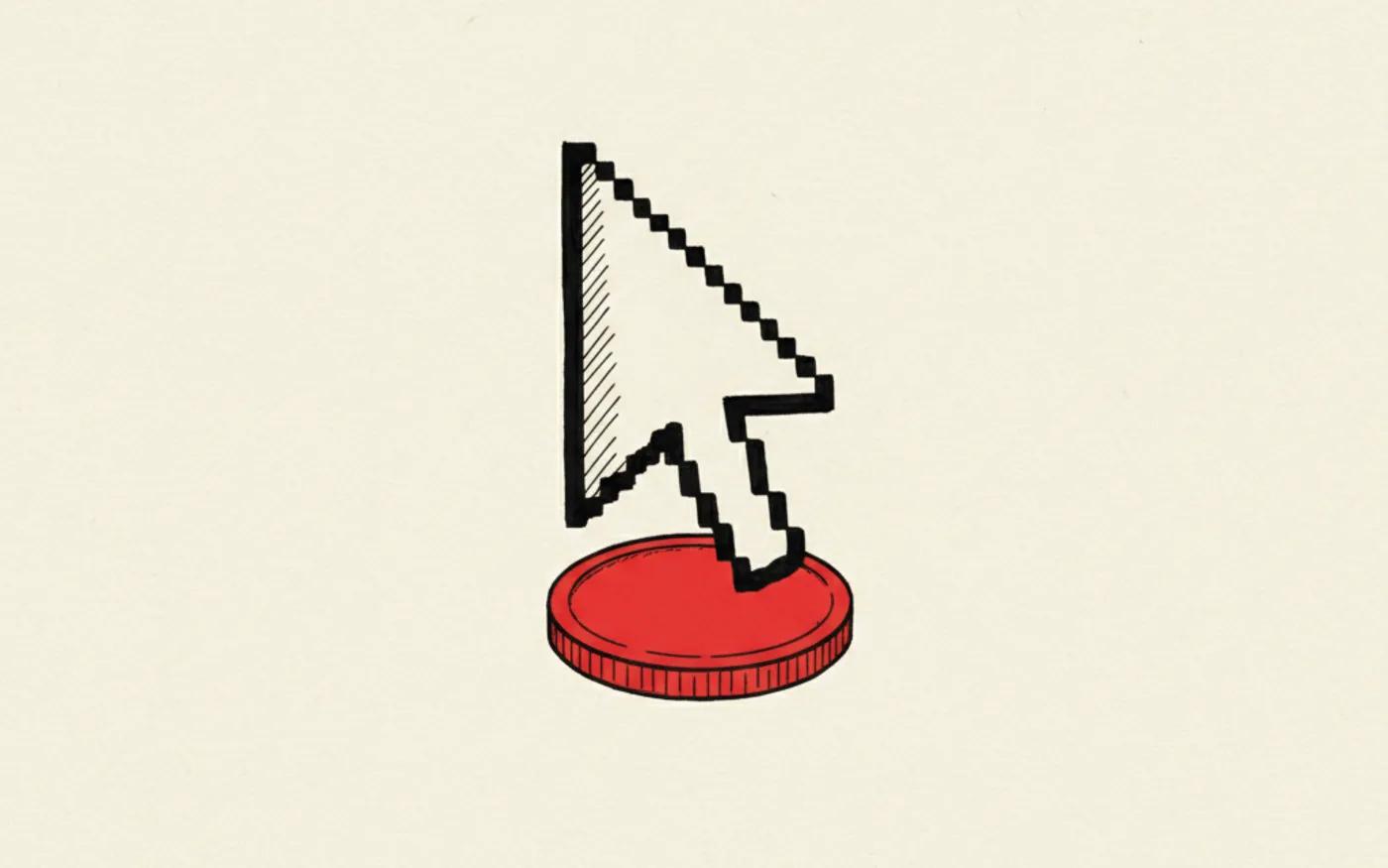Illustration: a hand-drawn pixel mouse cursor standing on a single signal-red coin, in black ink on warm off-white paper.