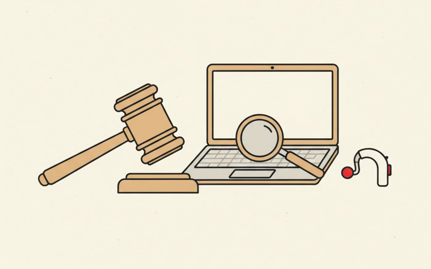 Illustration: a wooden gavel resting beside a laptop with a magnifying glass and a hearing aid on its keyboard.