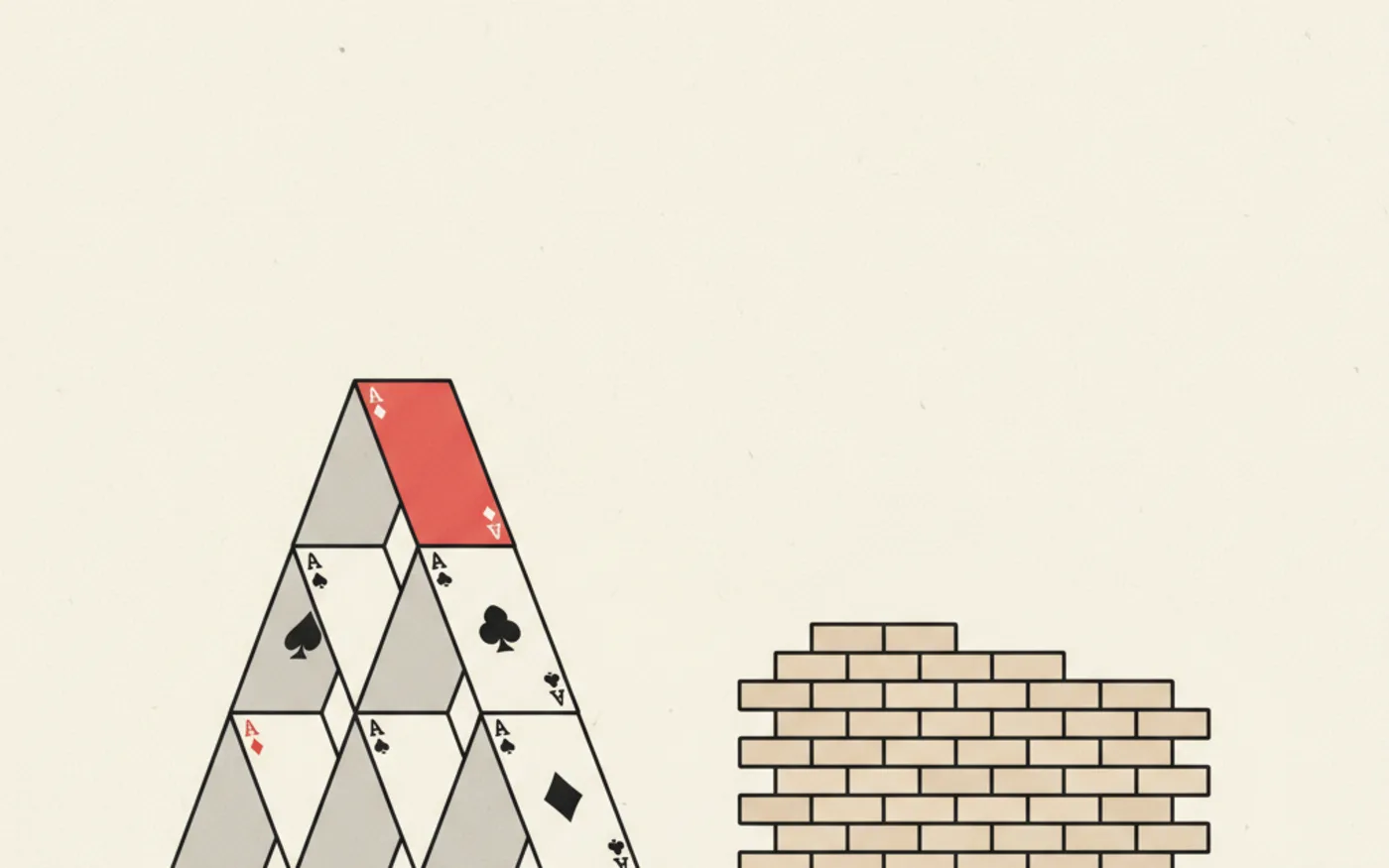 Illustration: a wobbly house of playing cards beside a neatly built miniature brick wall on a desk.