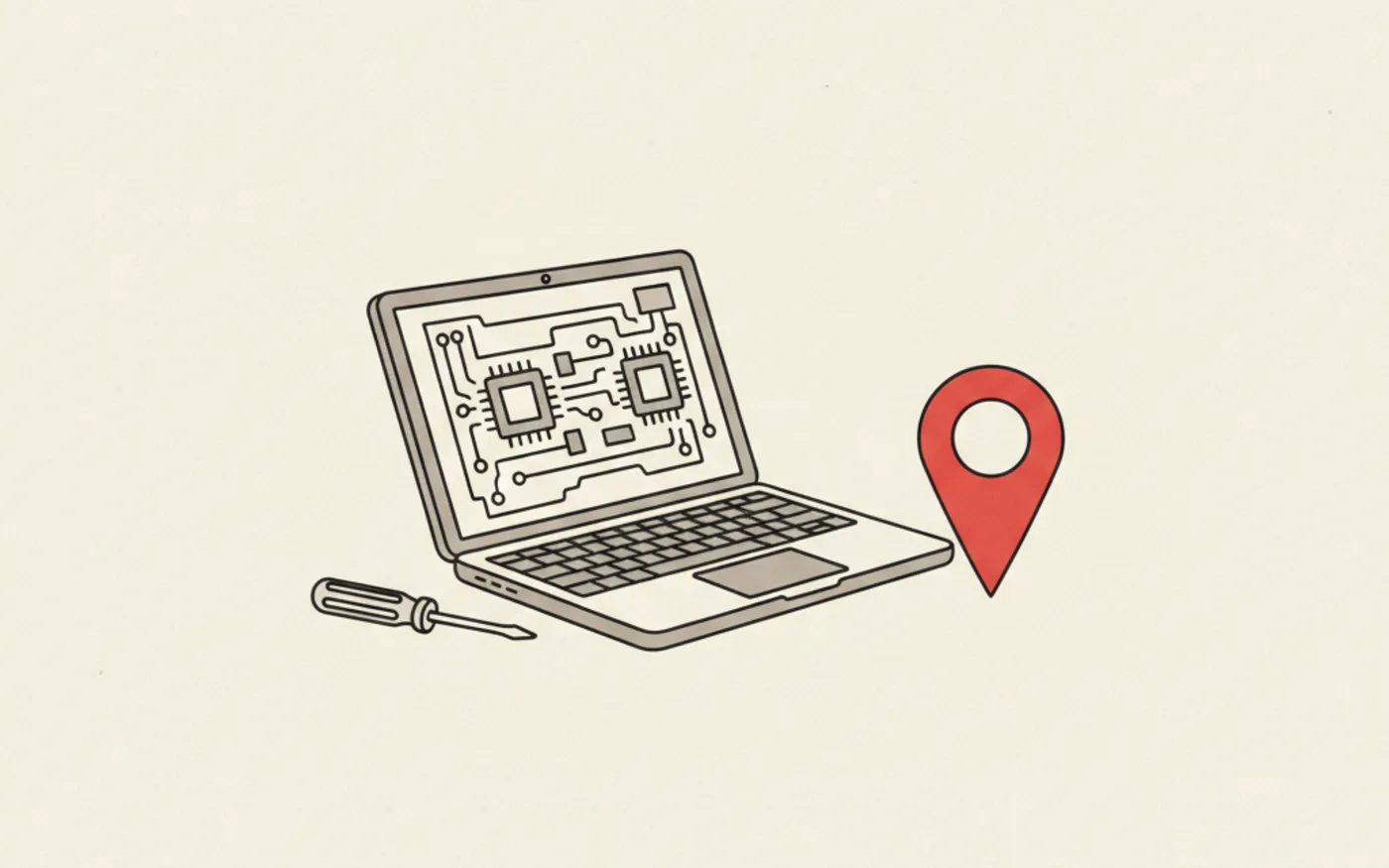 Illustration: an opened laptop with internal components exposed, a screwdriver beside it and a red map pin standing nearby.
