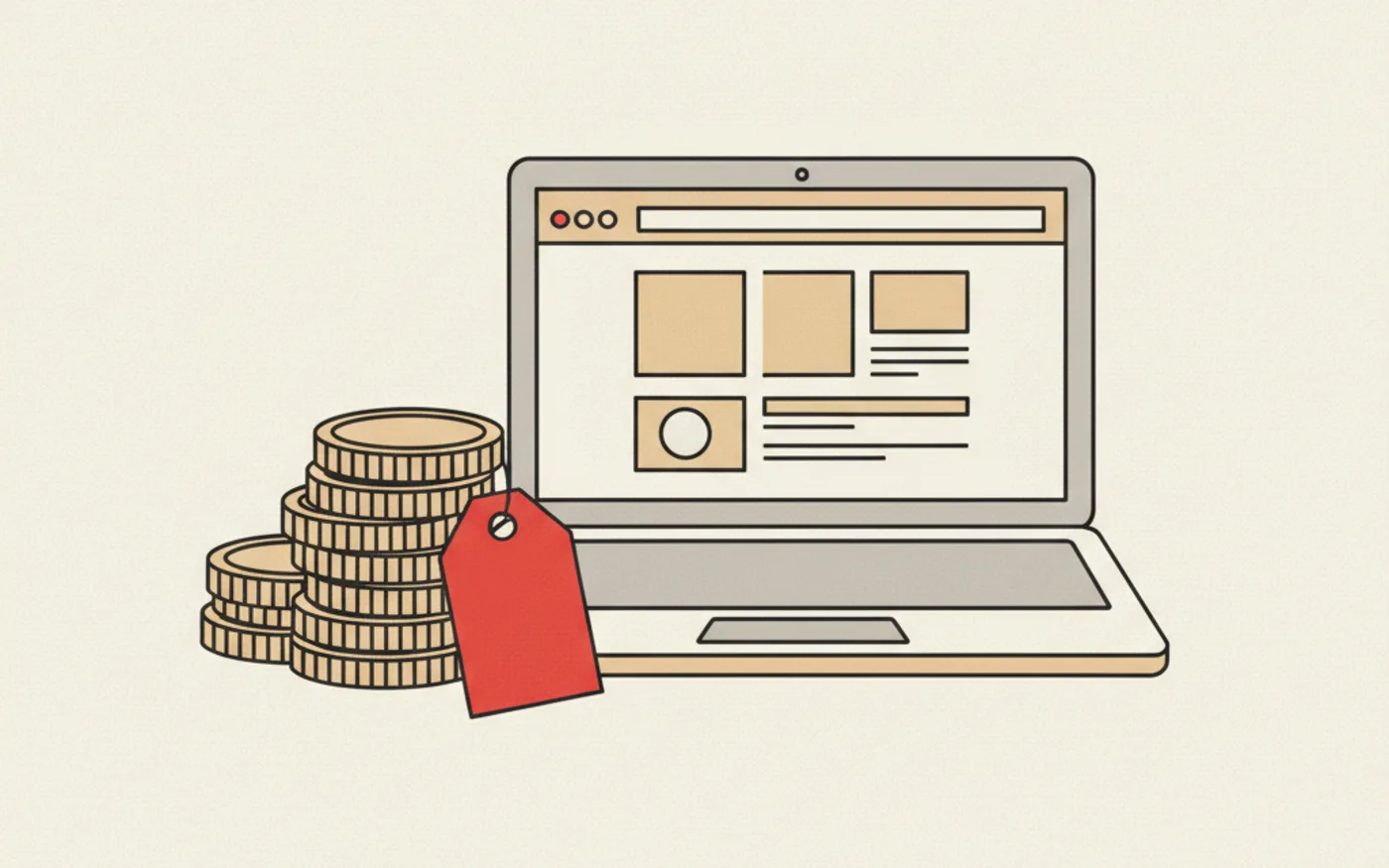 Illustration: a stack of pound coins and a red price tag beside a laptop showing a website wireframe.