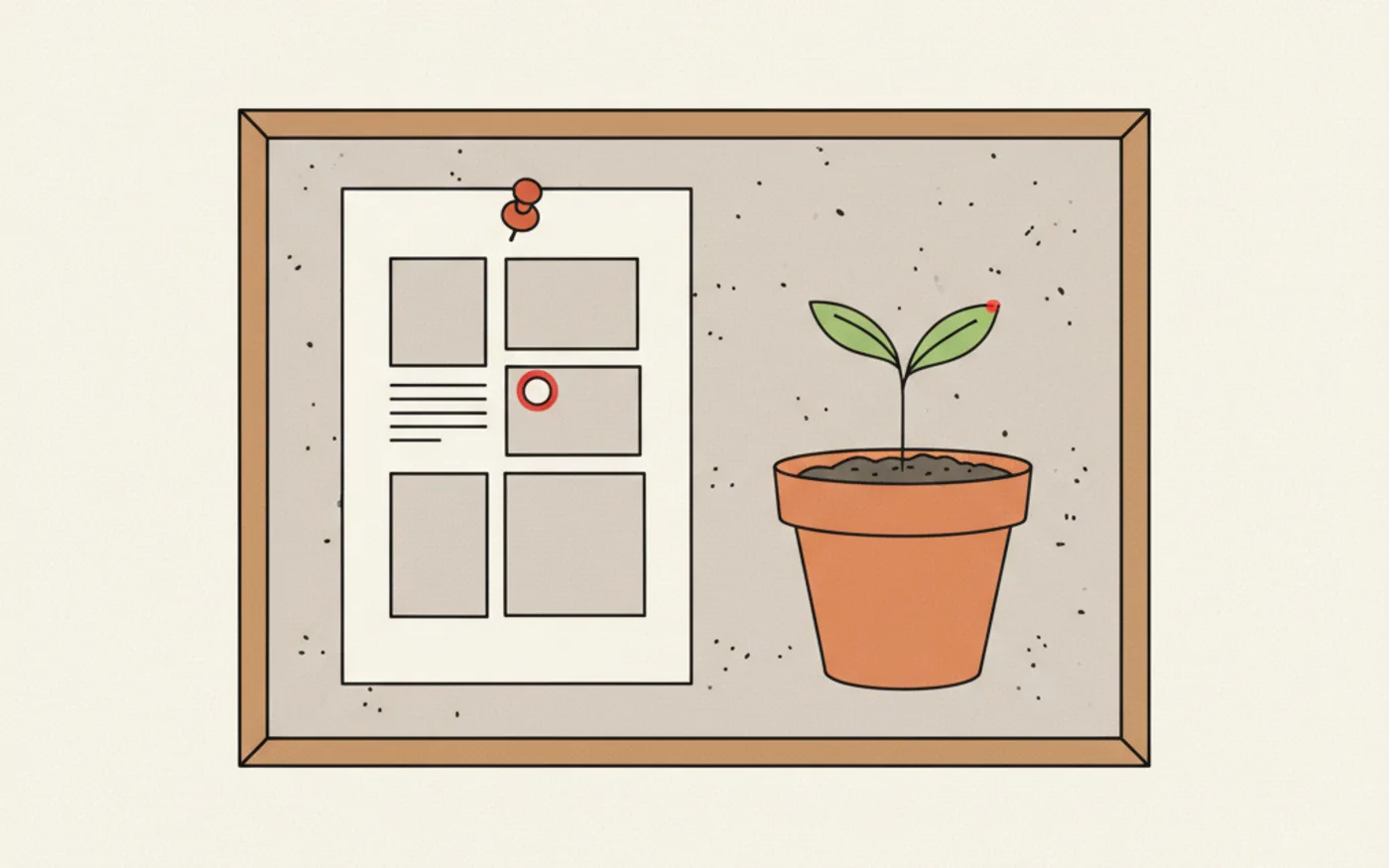 Illustration: a single sheet of paper with a sketched page layout pinned to a corkboard beside a seedling in a small plant pot.