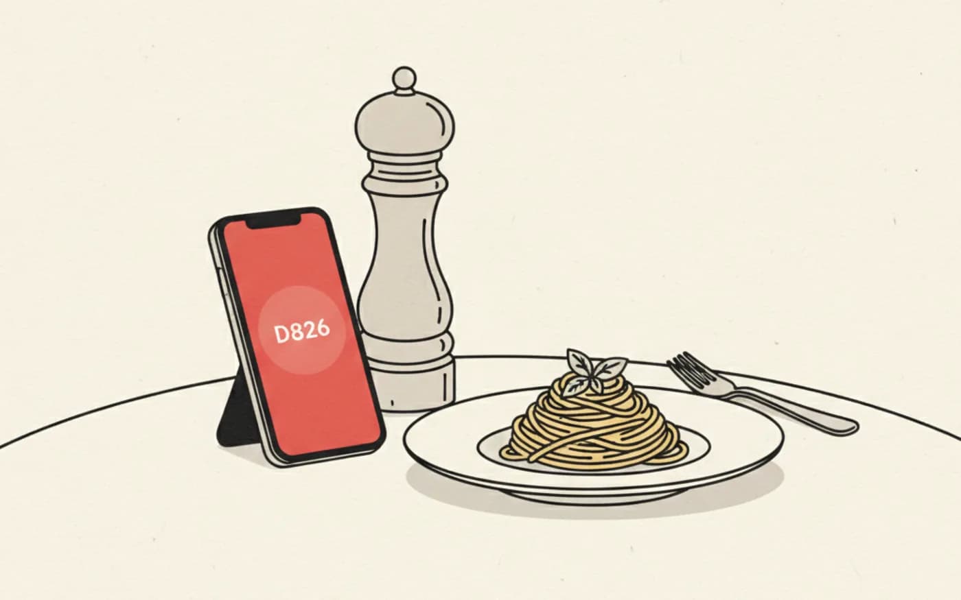 Illustration: a smartphone propped against a pepper mill on a bistro table beside a plated pasta dish.