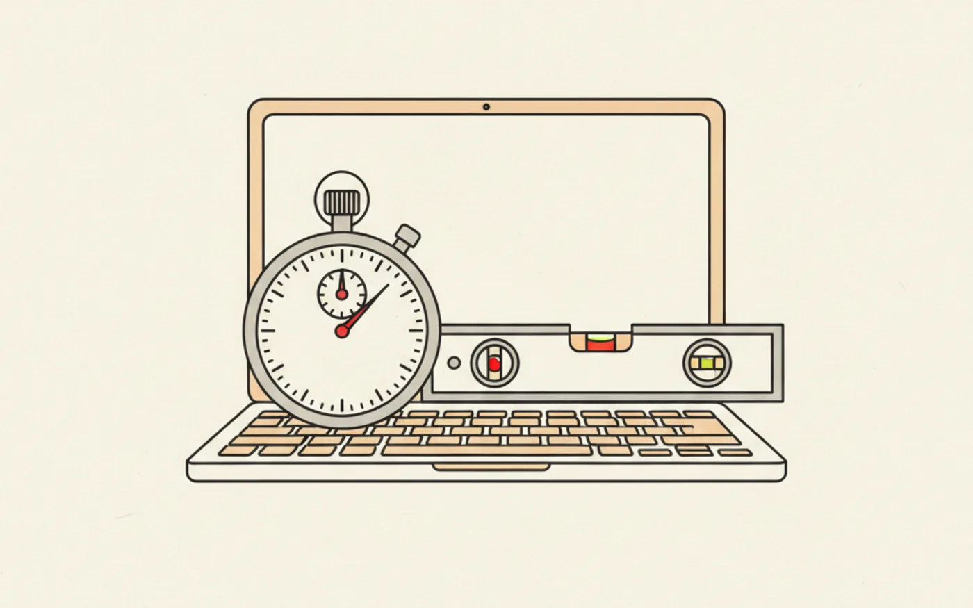 Illustration: a stopwatch resting on a laptop keyboard beside a spirit level.