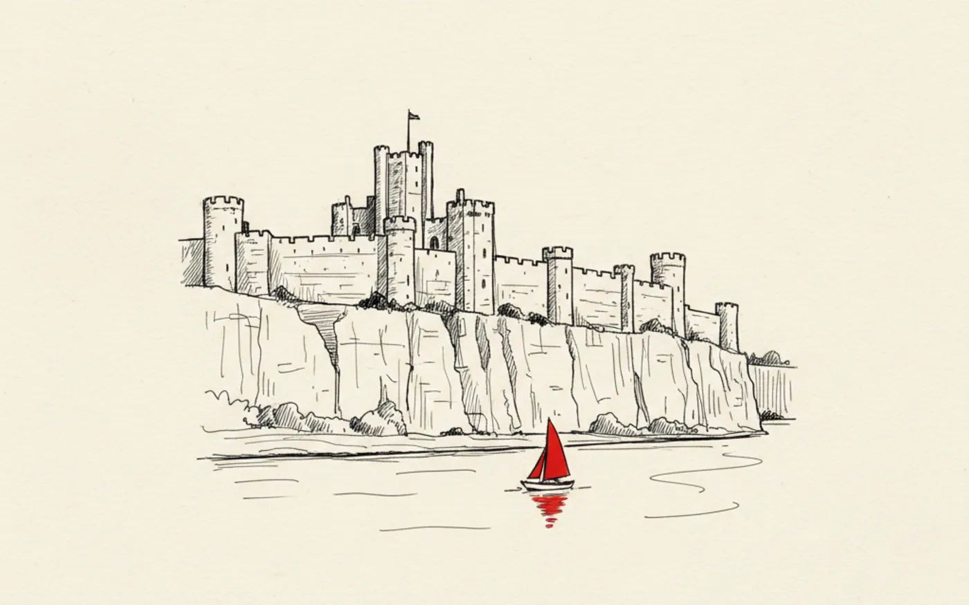 Hand-drawn ink illustration of Chepstow Castle on its cliff above the River Wye, with a small boat with a signal-red sail on the water below.