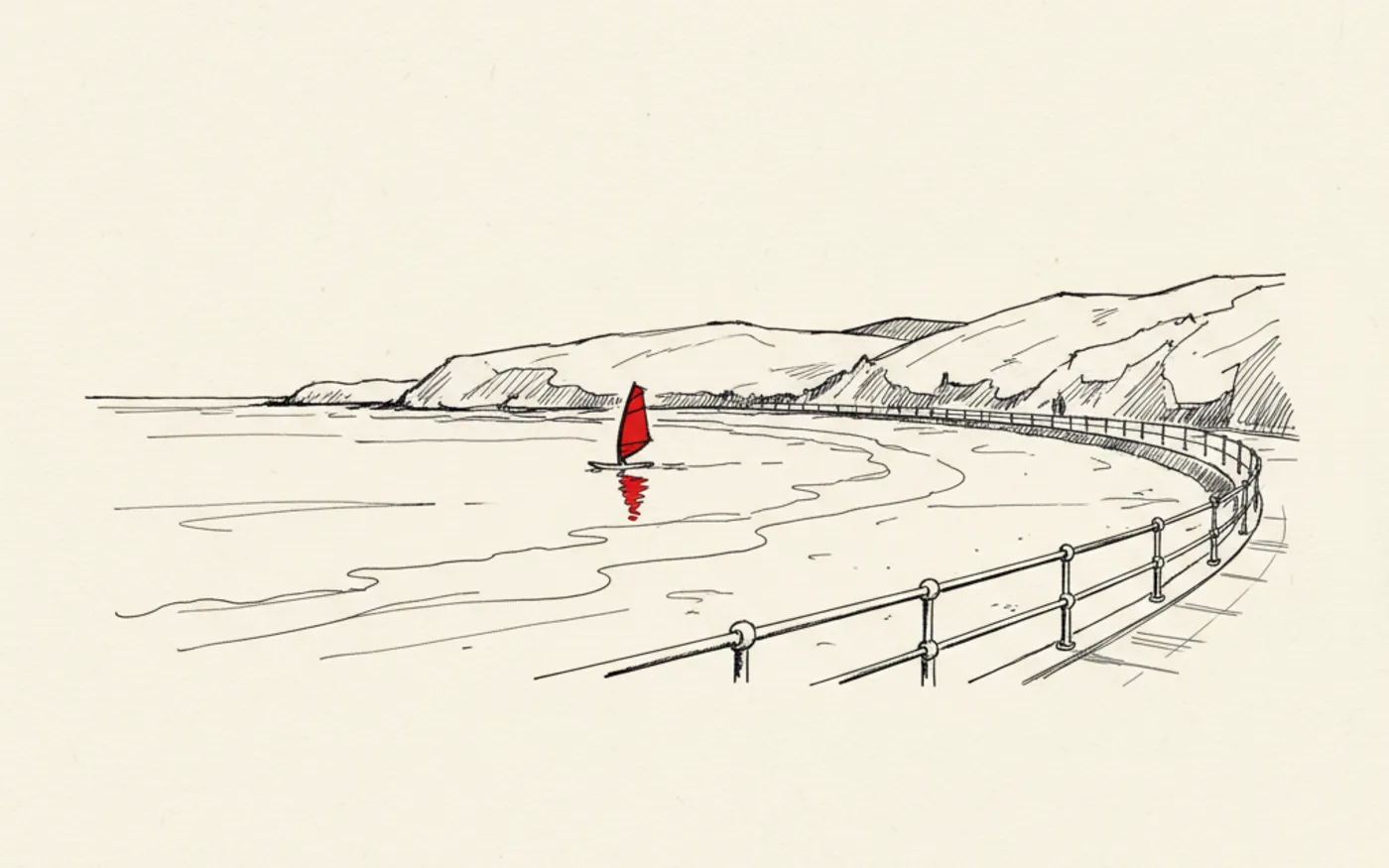Hand-drawn ink illustration of Colwyn Bay's curved promenade and beach, with a single windsurf sail in signal red out on the water.