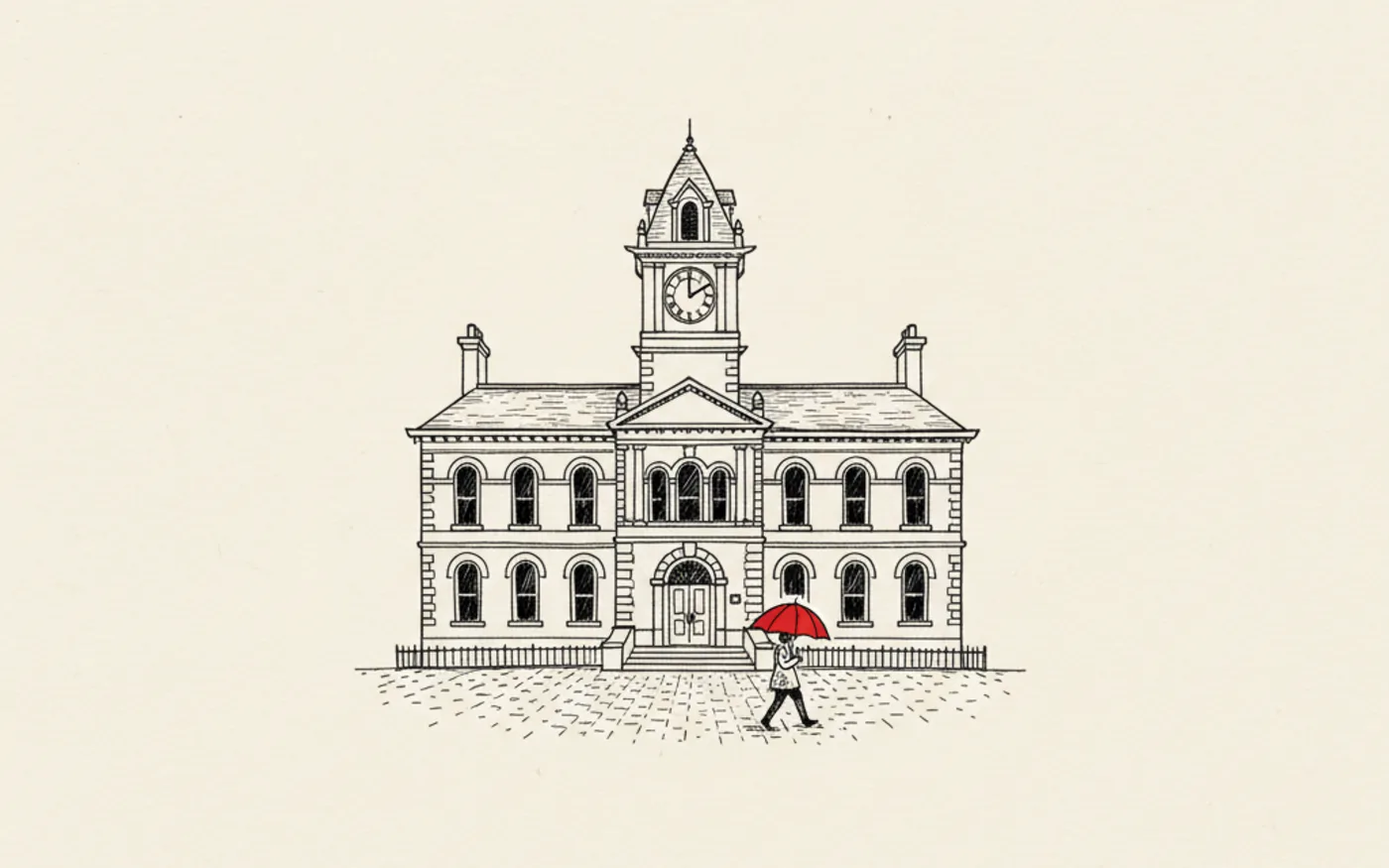 Hand-drawn ink illustration of Maesteg Town Hall's restored facade and clock tower, with a small figure carrying a signal-red umbrella in front.