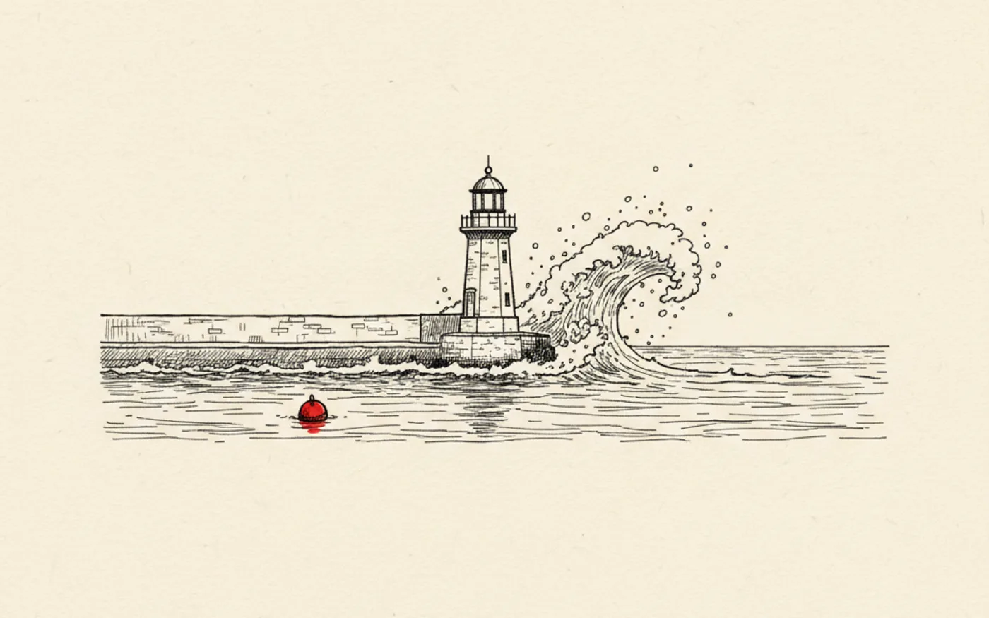 Hand-drawn ink illustration of Porthcawl's pier lighthouse with a wave breaking against the breakwater and a red buoy in the water.