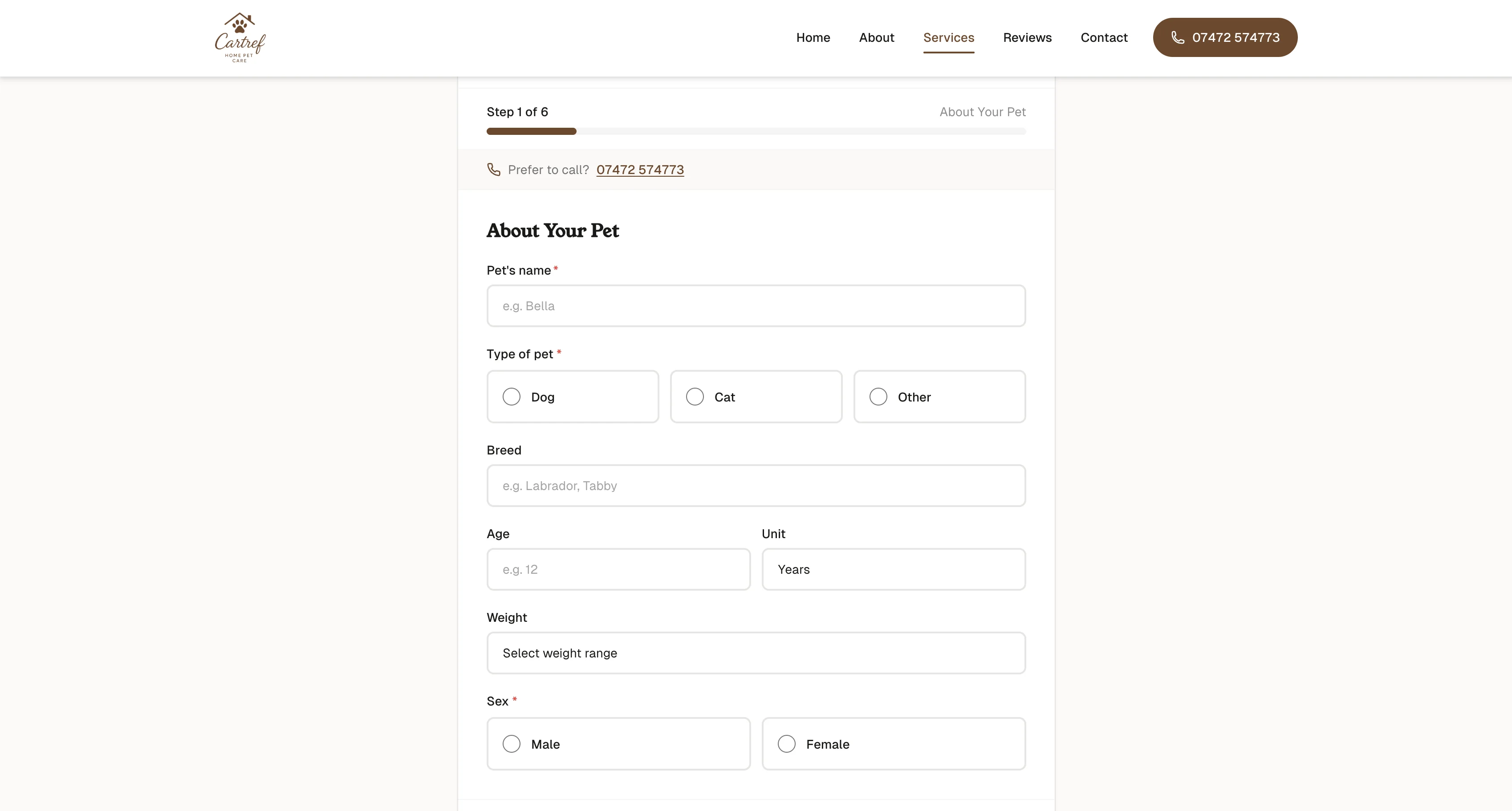 Cartref Home Pet Care website screen 1