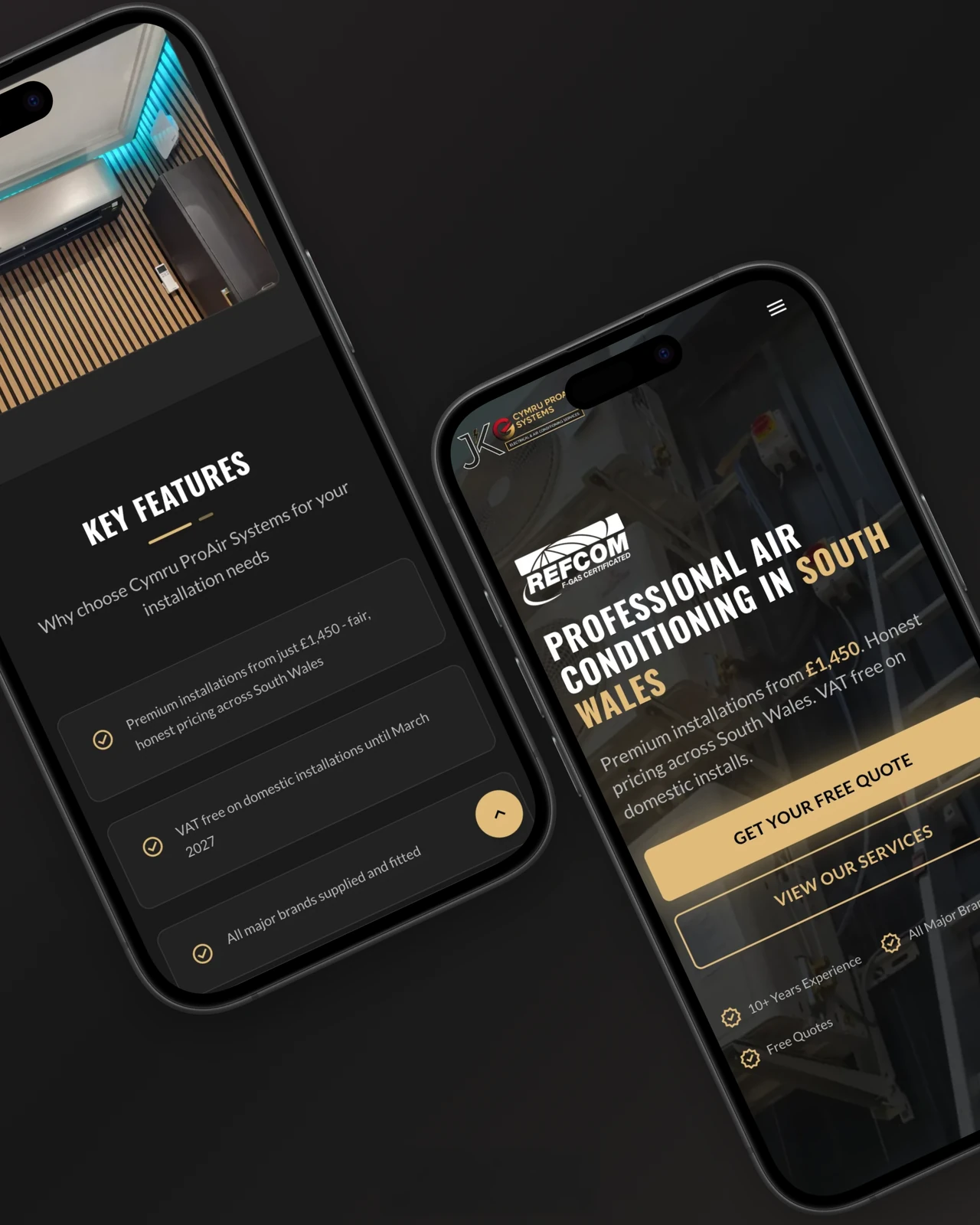 Cymru ProAir Systems website, mobile homepage hero and key features