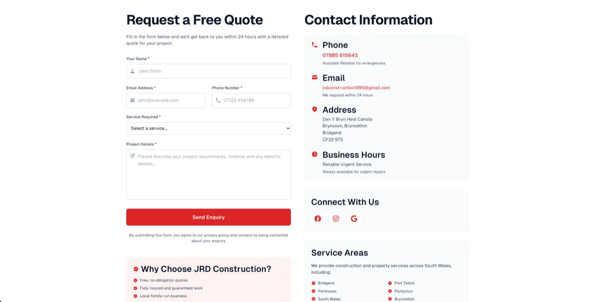 JRD Construction & Property Services website screen 1
