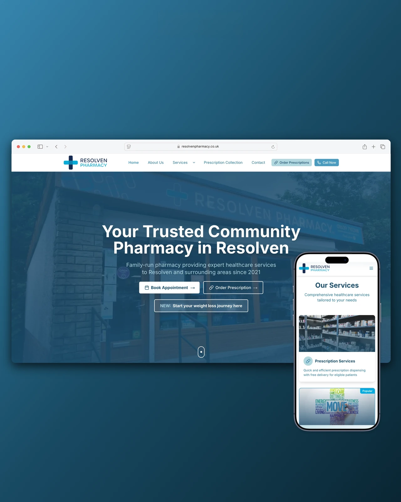 Resolven Pharmacy website, desktop homepage hero and mobile services webdev wales