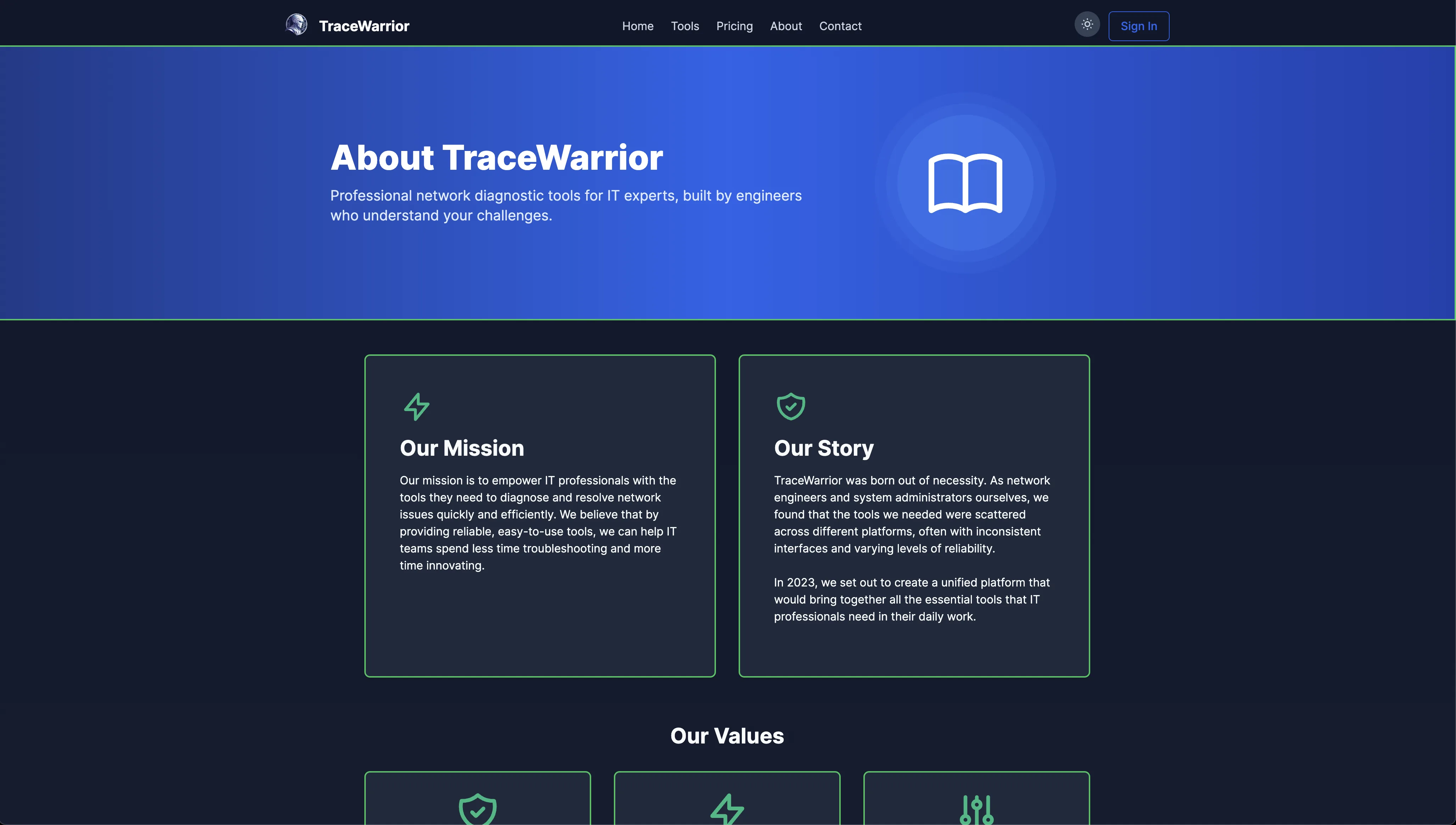Trace Warrior website screen 2